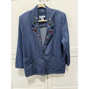 RARE VTG Pegaso Women’s Denim Blazer Size Medium Bedazzled 80s 90s Y2k party